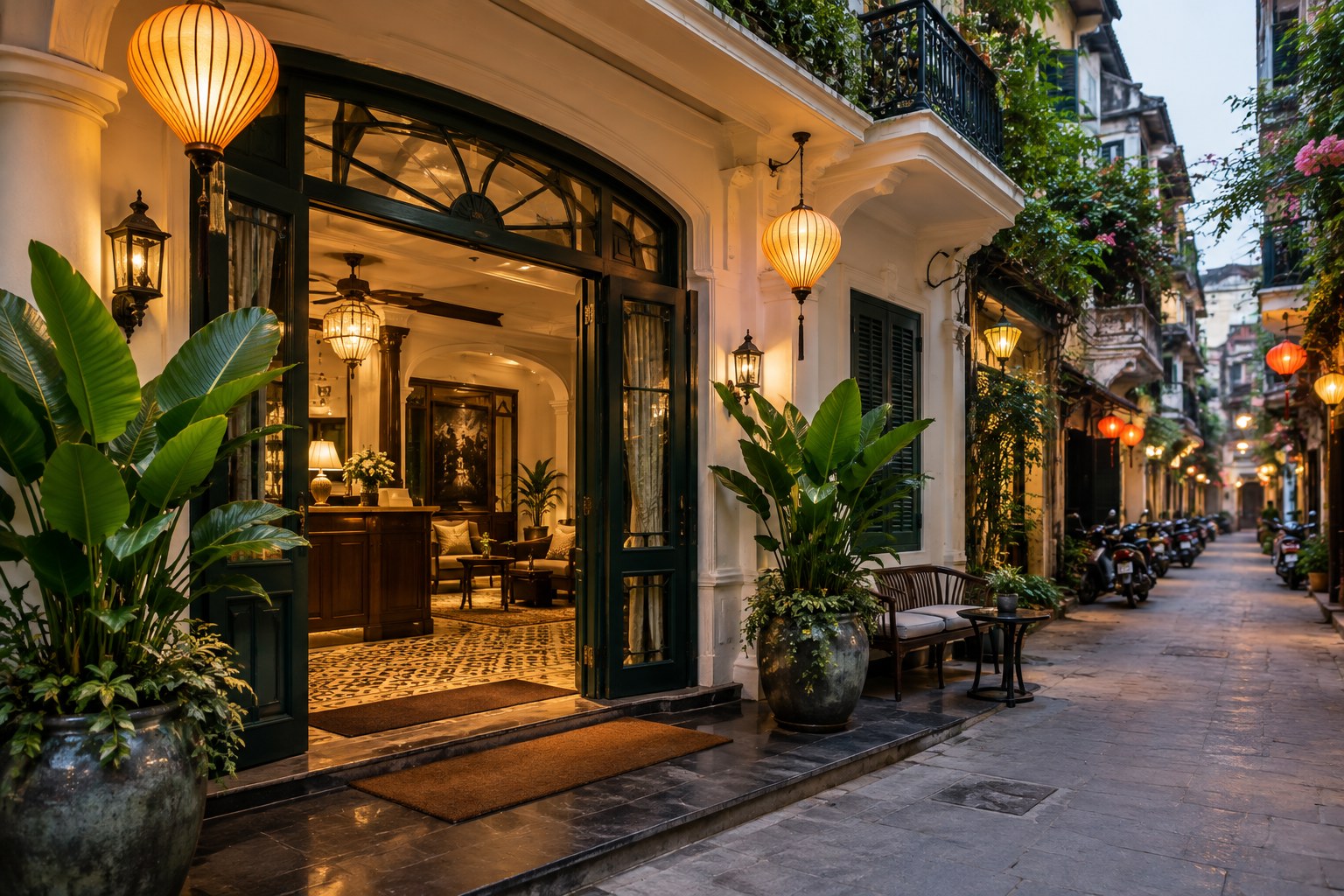 Boutique hotel entrance in Hanoi Old Quarter