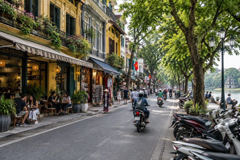 Hanoi street with hotels, shops and cafés near the Old Quarter
