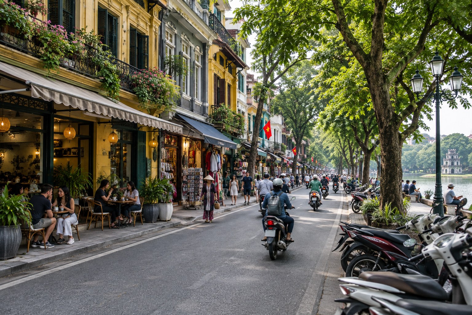 Hanoi street with hotels, shops and cafés near the Old Quarter